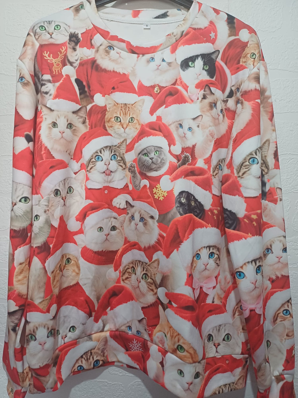 Women's Sweatshirt Unbranded Christmas Cat Print Crew Neck Size S Approx. 21" PTP - Good Condition