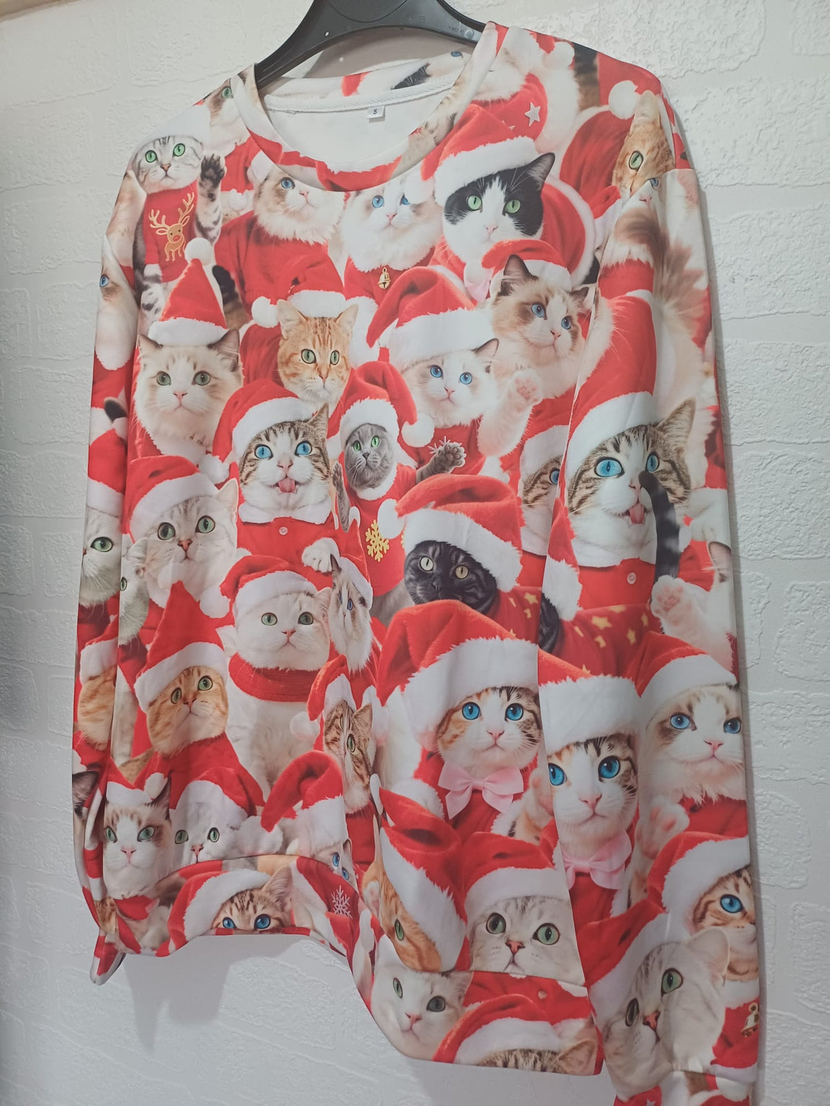 Women's Sweatshirt Unbranded Christmas Cat Print Crew Neck Size S Approx. 21" PTP - Good Condition