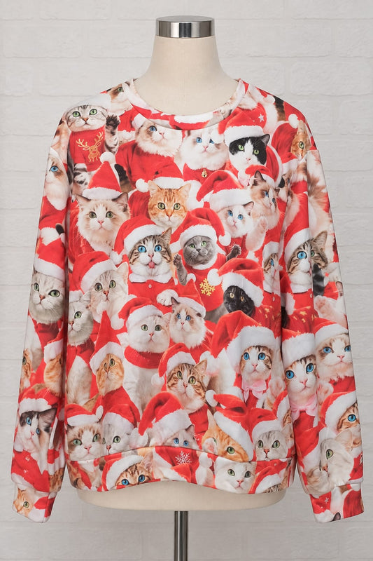 Women's Sweatshirt Unbranded Christmas Cat Print Crew Neck Size S Approx. 21" PTP - Good Condition