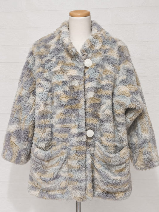 Women's Coat Fluffy Teddy Fleece Pastel Grey Blue Cream Oversized Size UK 14-16 Approx. 23" PTP - Good Condition