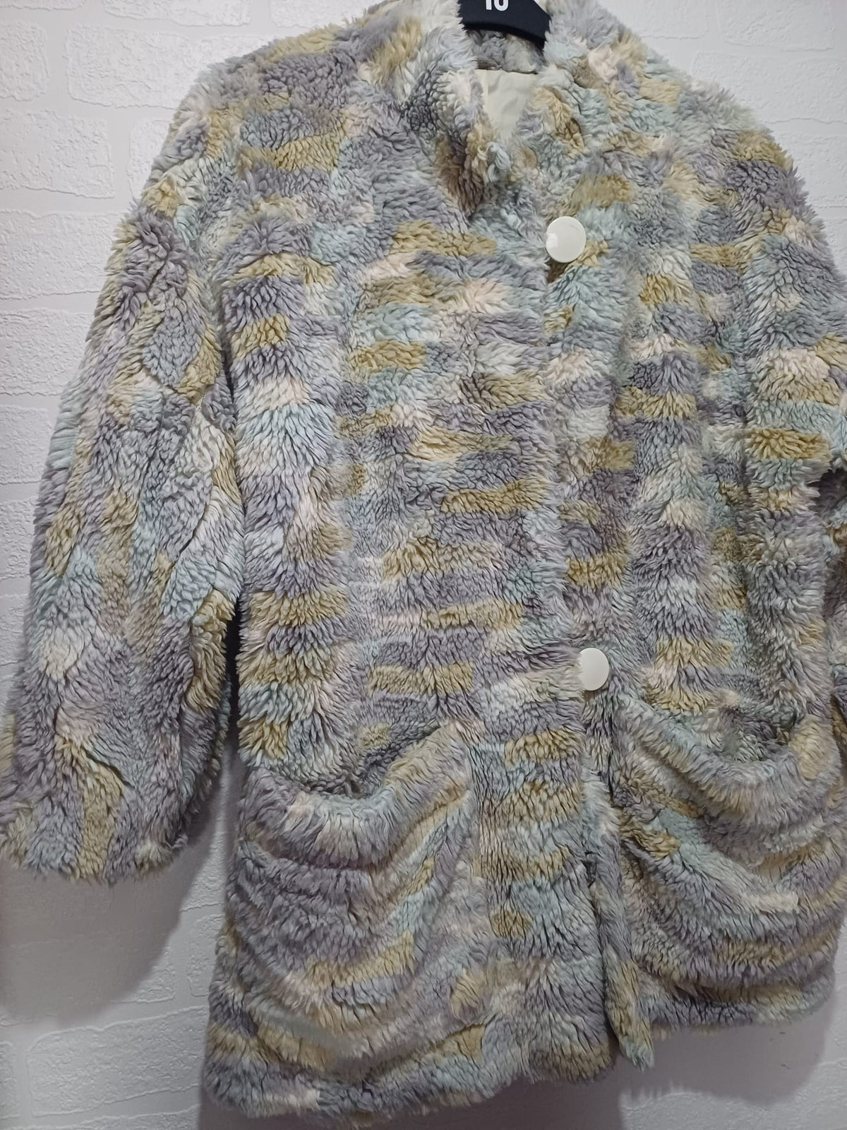 Women's Coat Fluffy Teddy Fleece Pastel Grey Blue Cream Oversized Size UK 14-16 Approx. 23" PTP - Good Condition