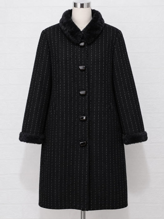 Women's Coat Odena Black Longline Faux Fur Trim Striped Size M/UK 12 Approx. 20" PTP - Good Condition