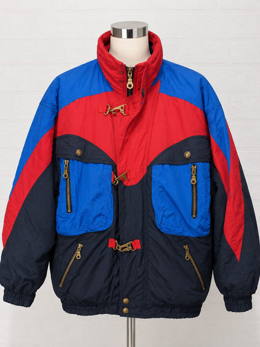 Men's Jacket C&A Vintage Colour Block Ski Red Blue Black Size L Approx. 25" PTP - Good Condition