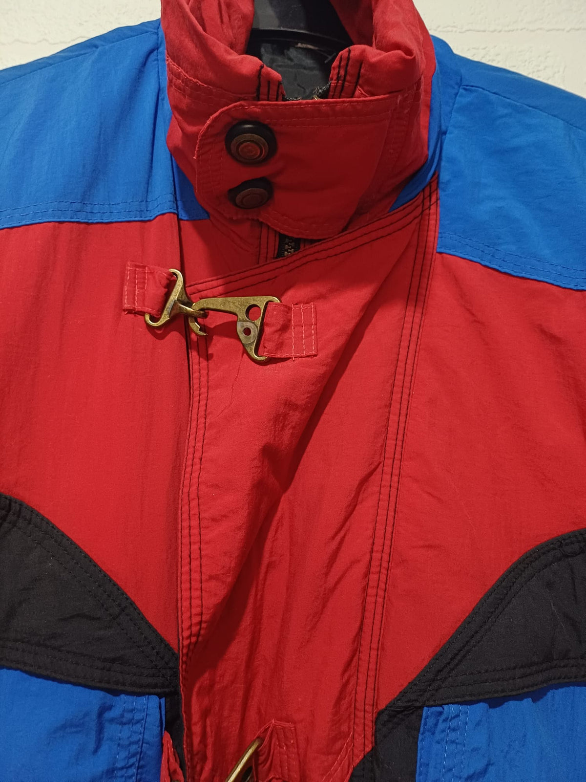 Men's Jacket C&A Vintage Colour Block Ski Red Blue Black Size L Approx. 25" PTP - Good Condition