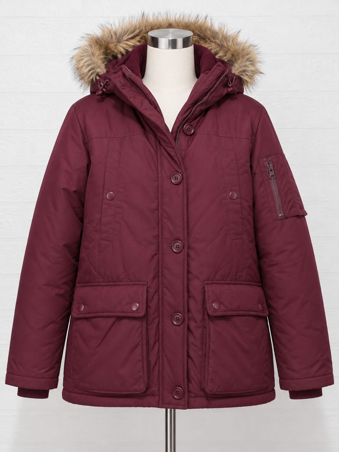 Women's Coat Harvey & Jones Burgundy Hooded Padded Parka Faux Fur Trim Size M Approx. 20" PTP - Good Condition