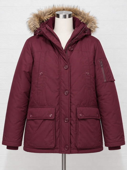 Women's Coat Harvey & Jones Burgundy Hooded Padded Parka Faux Fur Trim Size M Approx. 20" PTP - Good Condition