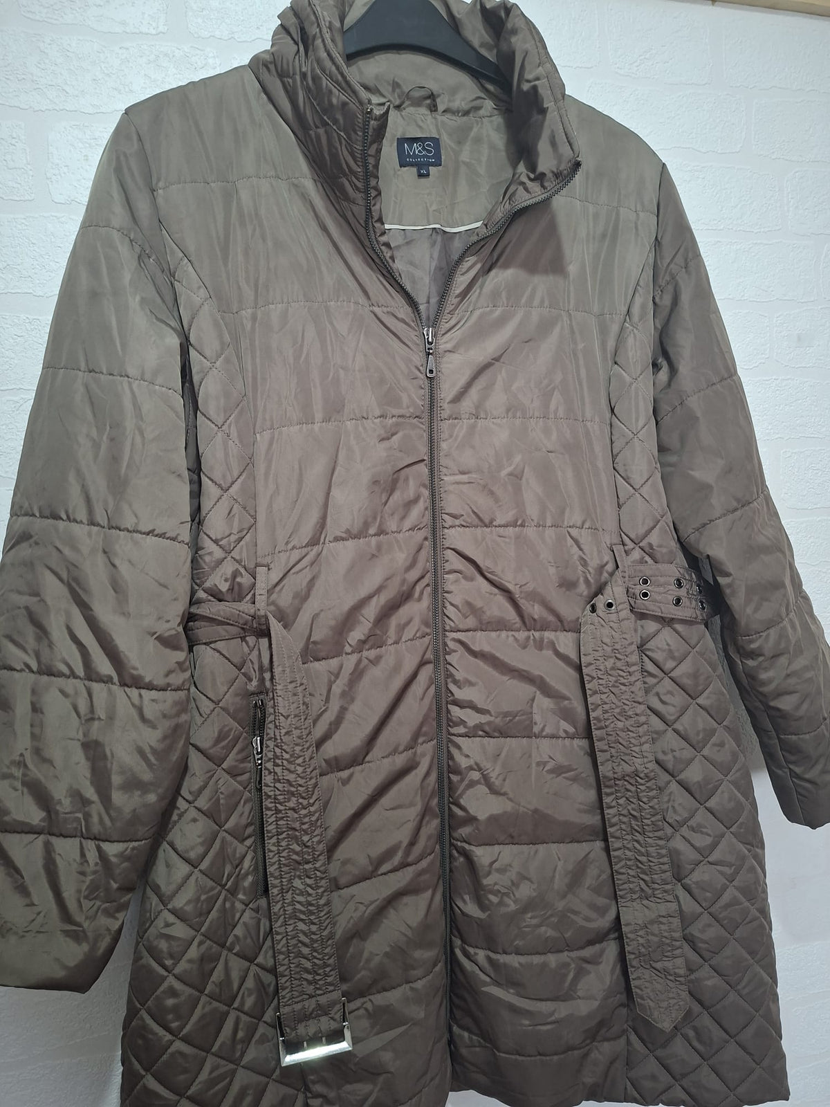 Women's Coat M&S Brown Quilted Puffer Long Belted XL Approx. 24" PTP - Very Good Condition