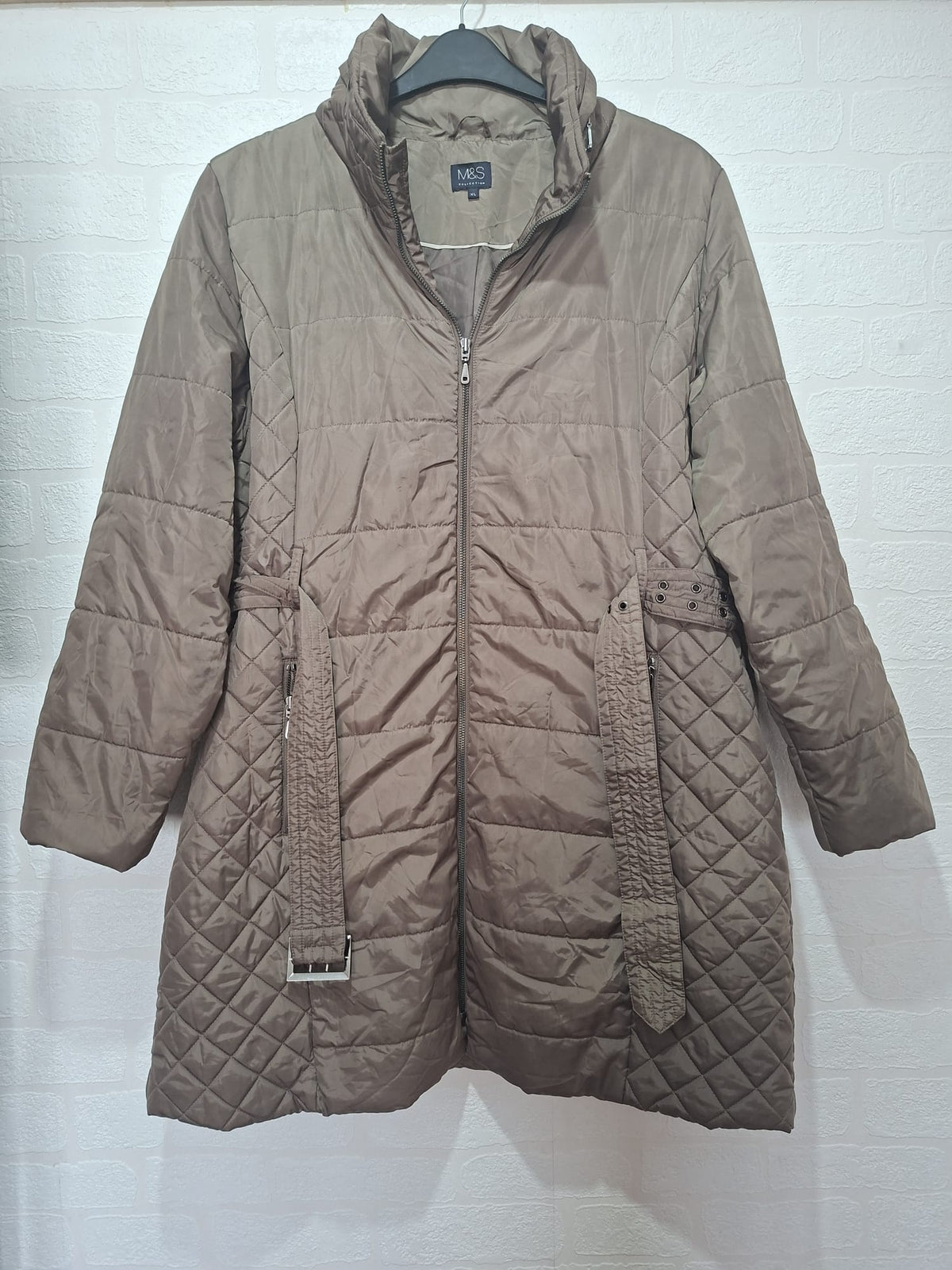 Women's Coat M&S Brown Quilted Puffer Long Belted XL Approx. 24" PTP - Very Good Condition