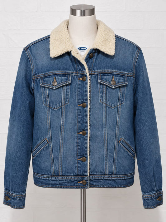 Women's Denim Jacket Topshop Moto Blue Sherpa Lined Size 8 Approx. 19" PTP - Very Good Condition