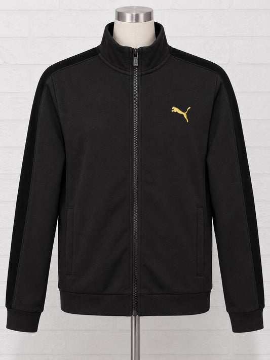 Men's Track Jacket Puma Black Full Zip Gold Logo Size Large Approx. 20" PTP - Very Good Condition