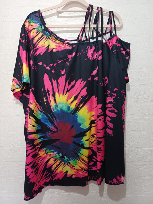 Women's Top Black Multicolour Floral Cold Shoulder Strappy Plus Size 5XL Approx. 28" PTP - Very Good Condition