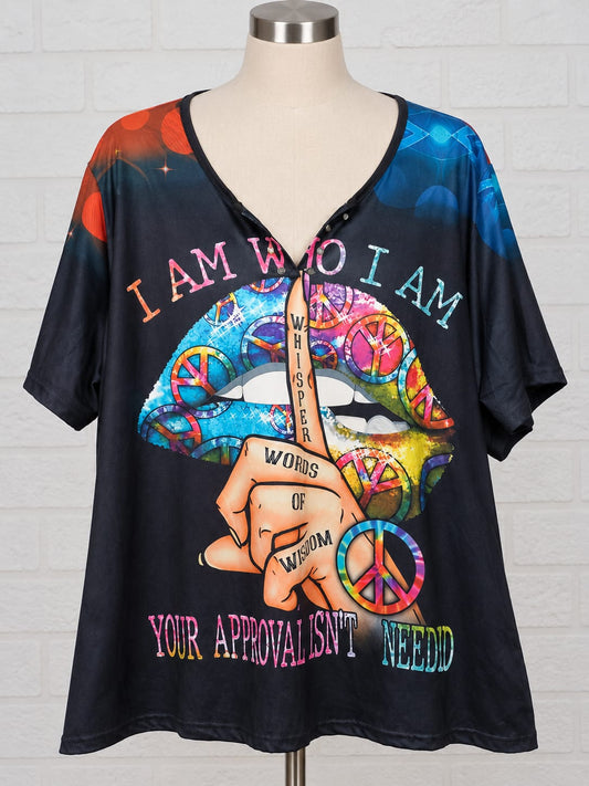 Women's Top Black Colourful Peace Graphic Slogan Short Sleeve Size XL Approx. 23" PTP - Good Condition