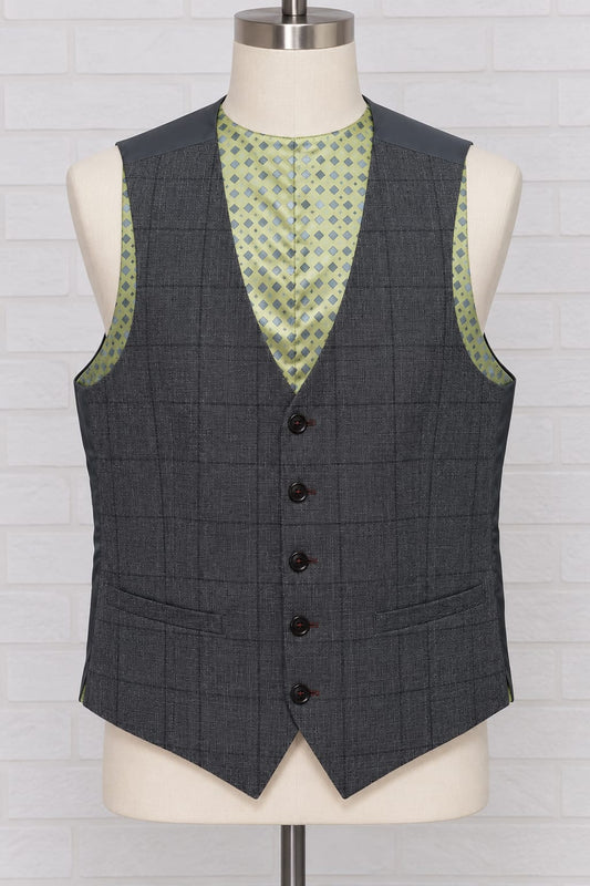 Men's Waistcoat Remus Uomo Grey Check Wool 4-Button Formal 36R Approx. 17" PTP - Good Condition