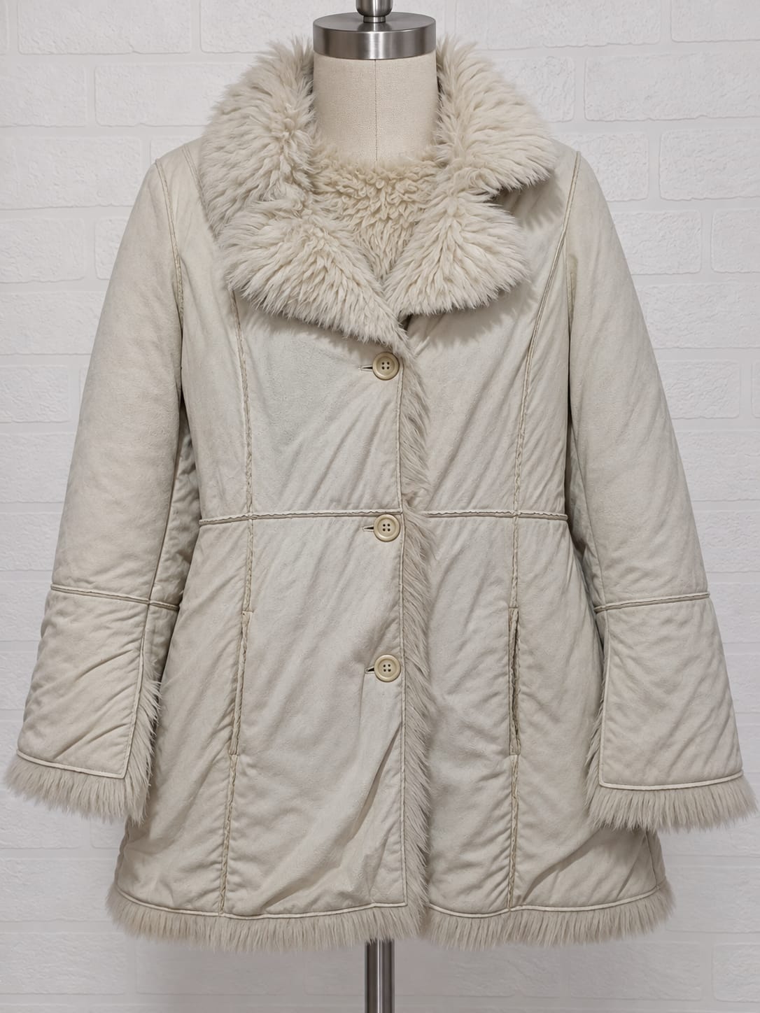 Women's Coat Next Cream/White Faux Fur Trim Winter Jacket Size 16 - Good Condition