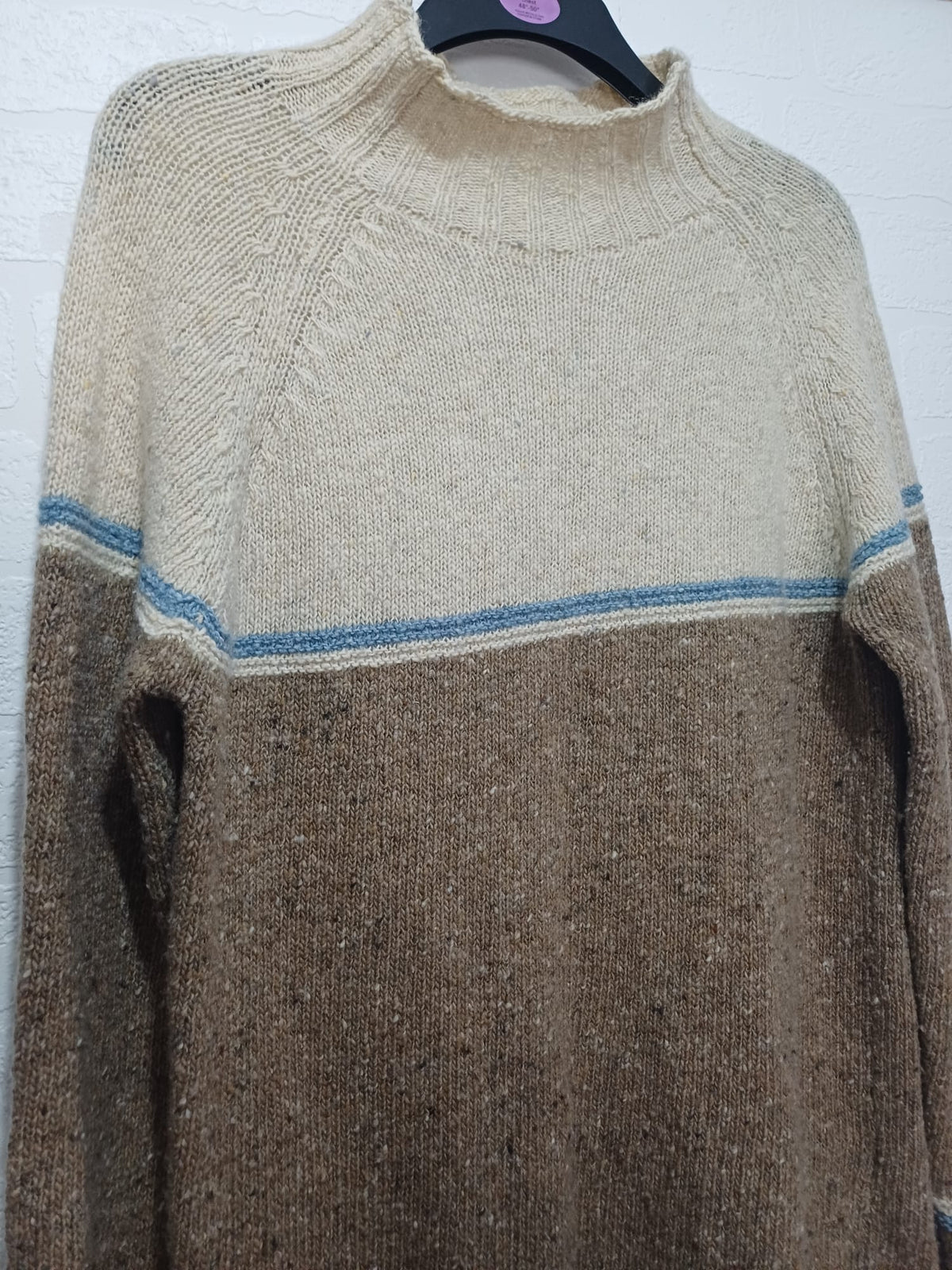Women's Jumper Celtic & Co Brown Cream Blue Colour Block Oversized Pure New Wool Size S - Very Good Condition
