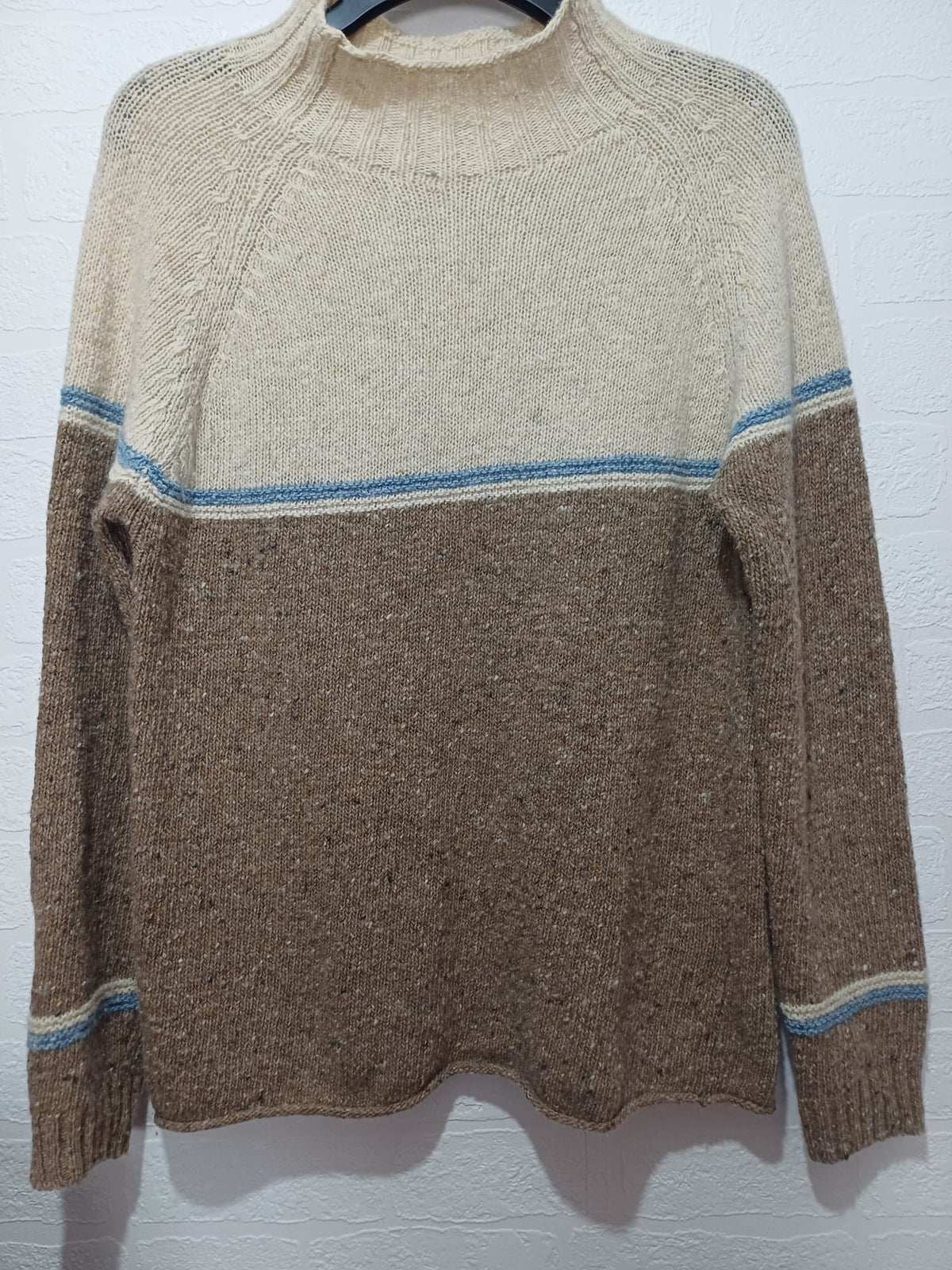 Women's Jumper Celtic & Co Brown Cream Blue Colour Block Oversized Pure New Wool Size S - Very Good Condition