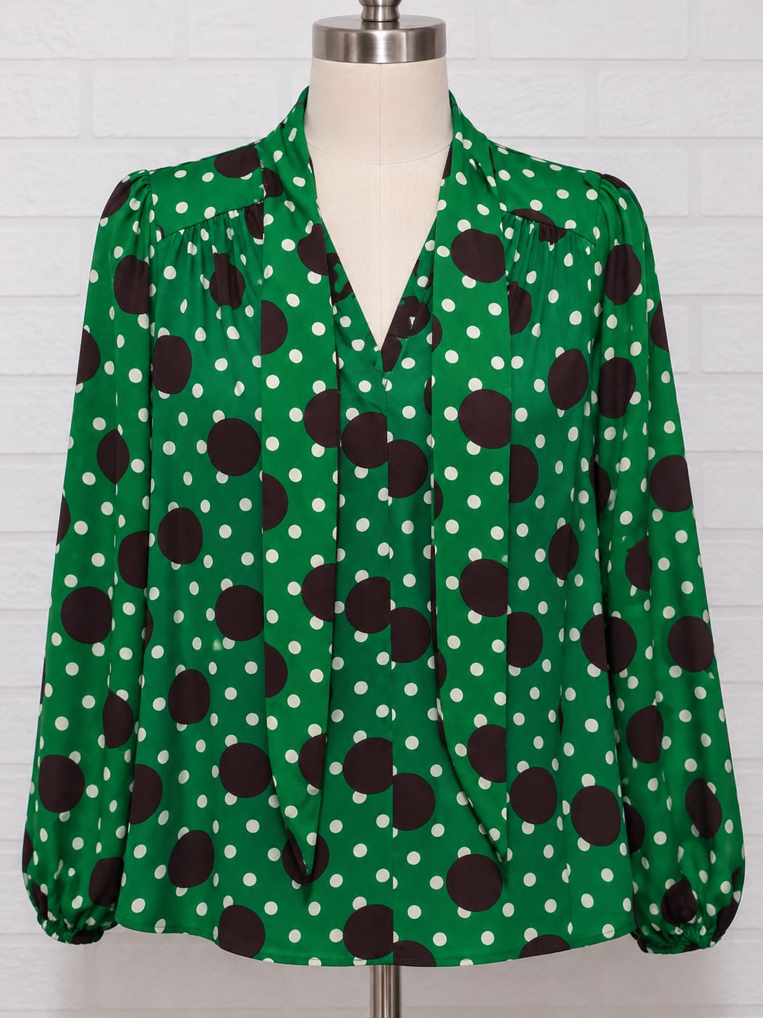 Women's Blouse Next Green Brown Cream Polka Dot Bow Long Sleeve Size 10 - Very Good Condition