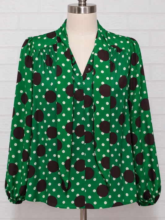 Women's Blouse Next Green Brown Cream Polka Dot Bow Long Sleeve Size 10 - Very Good Condition