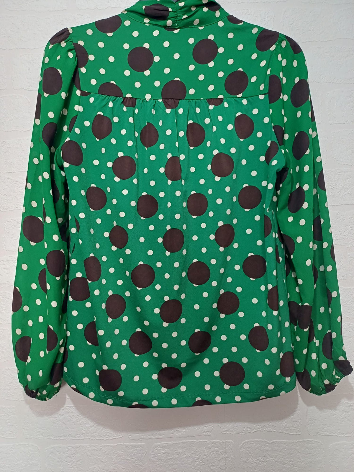 Women's Blouse Next Green Brown Cream Polka Dot Bow Long Sleeve Size 10 - Very Good Condition