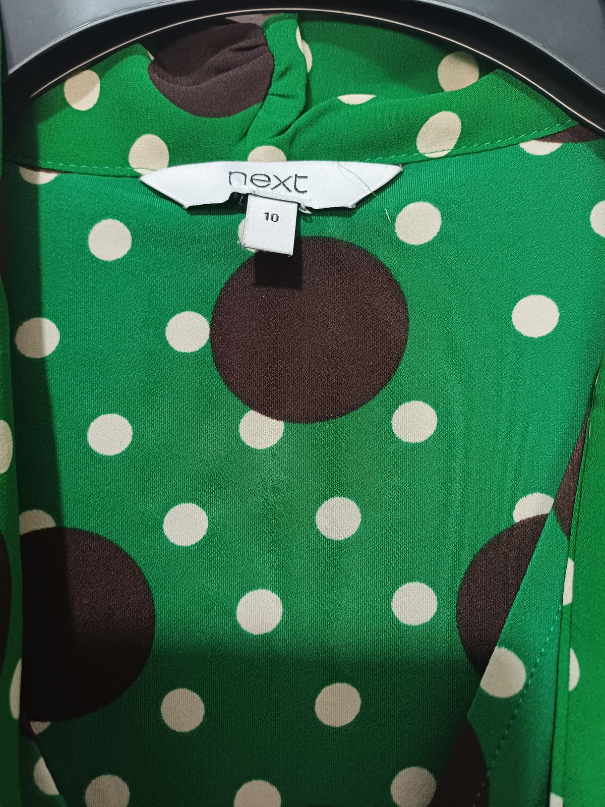 Women's Blouse Next Green Brown Cream Polka Dot Bow Long Sleeve Size 10 - Very Good Condition