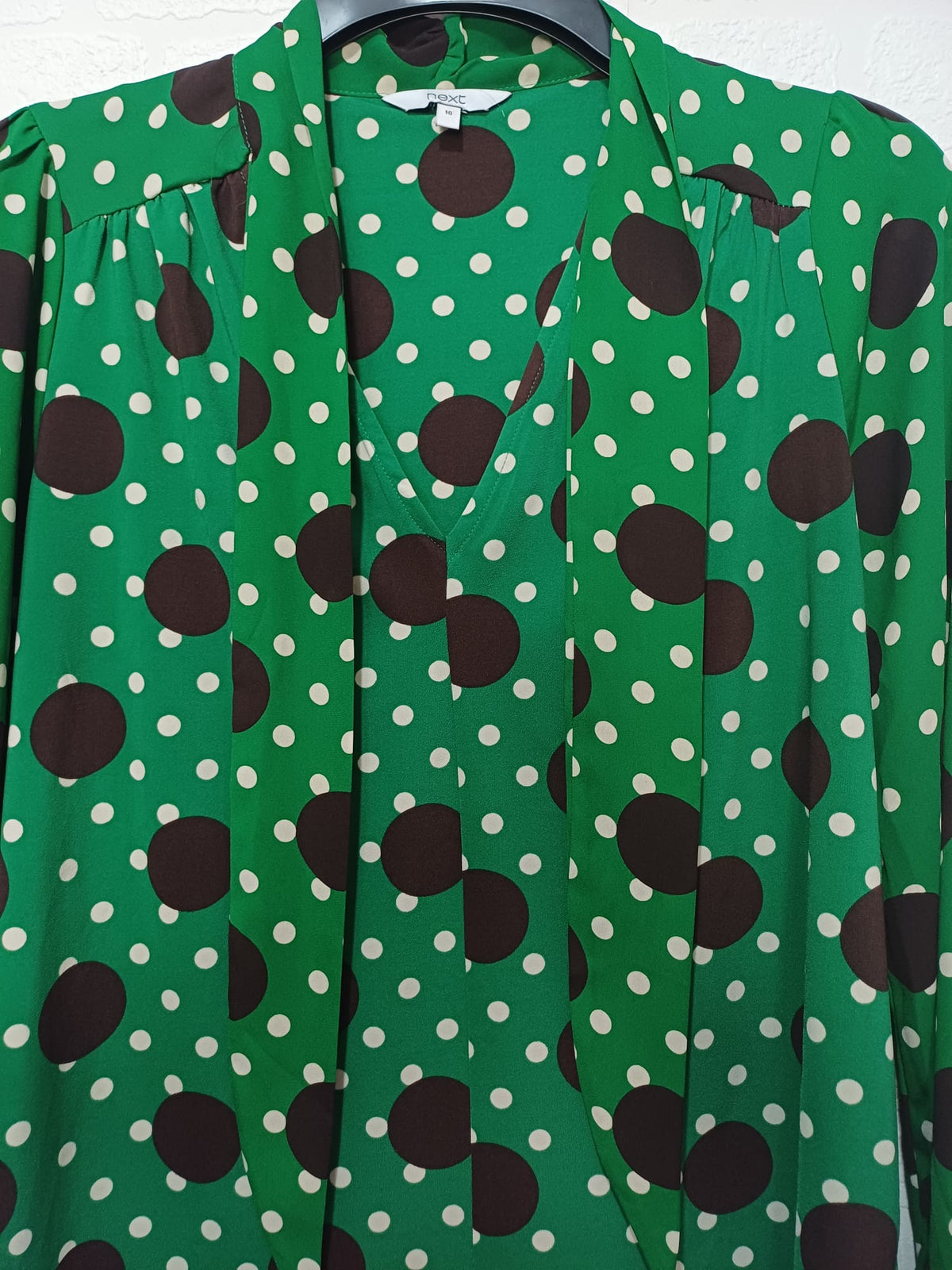Women's Blouse Next Green Brown Cream Polka Dot Bow Long Sleeve Size 10 - Very Good Condition