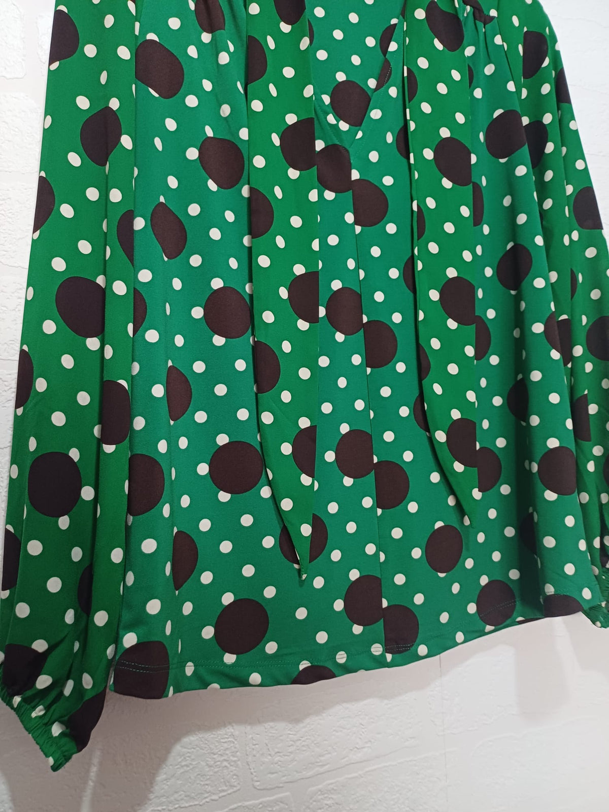 Women's Blouse Next Green Brown Cream Polka Dot Bow Long Sleeve Size 10 - Very Good Condition