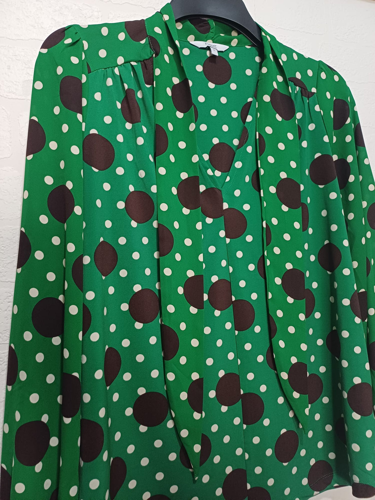 Women's Blouse Next Green Brown Cream Polka Dot Bow Long Sleeve Size 10 - Very Good Condition