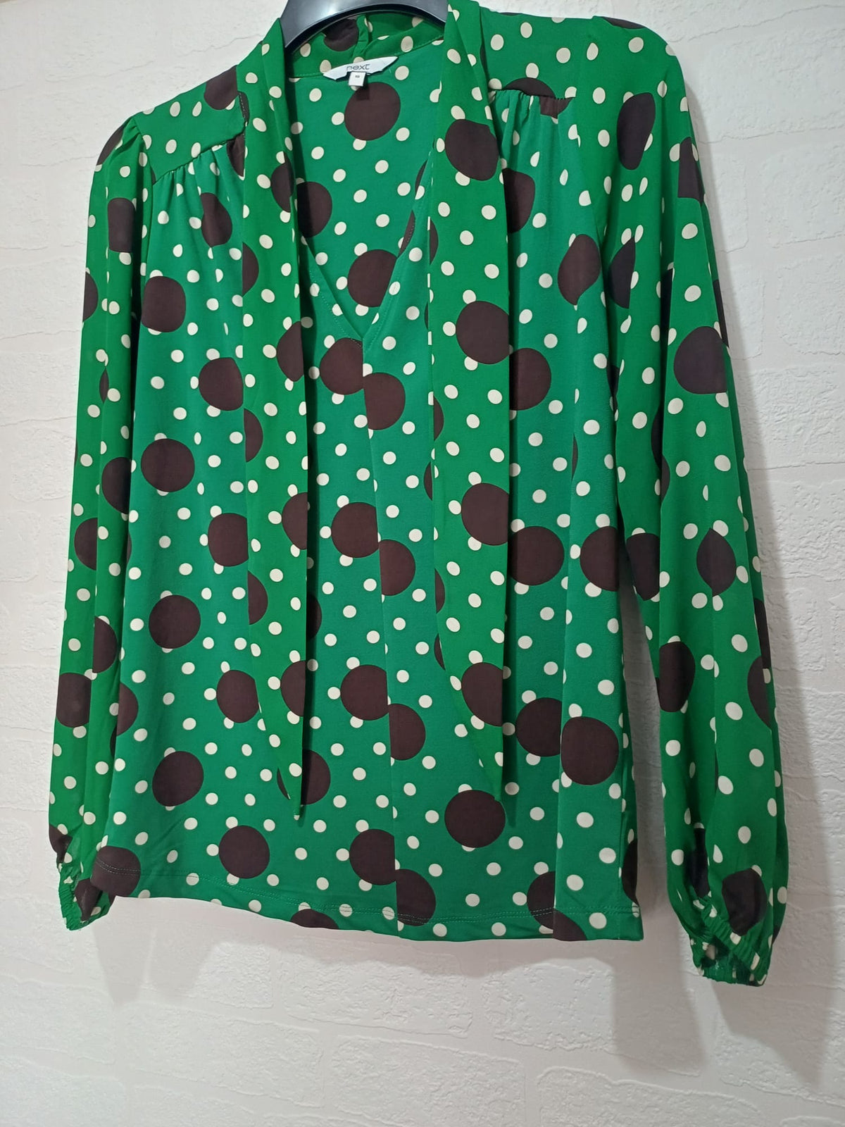 Women's Blouse Next Green Brown Cream Polka Dot Bow Long Sleeve Size 10 - Very Good Condition
