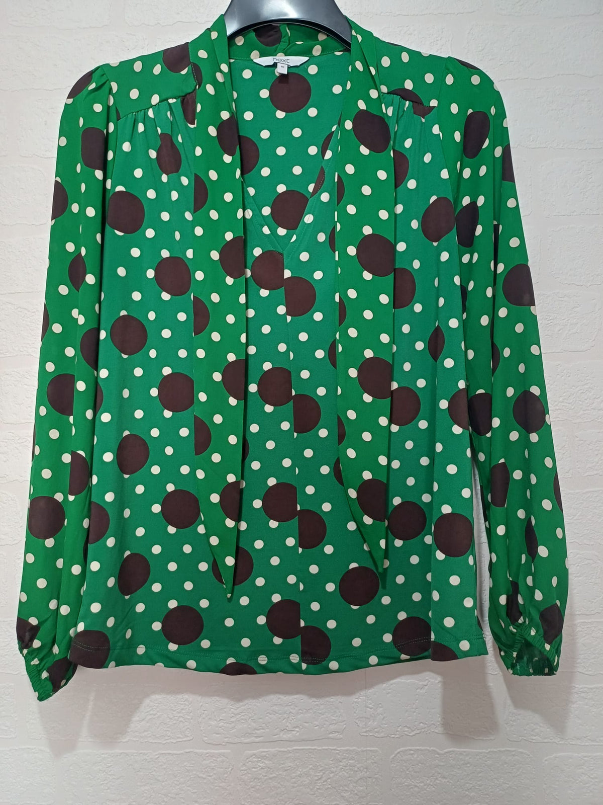 Women's Blouse Next Green Brown Cream Polka Dot Bow Long Sleeve Size 10 - Very Good Condition