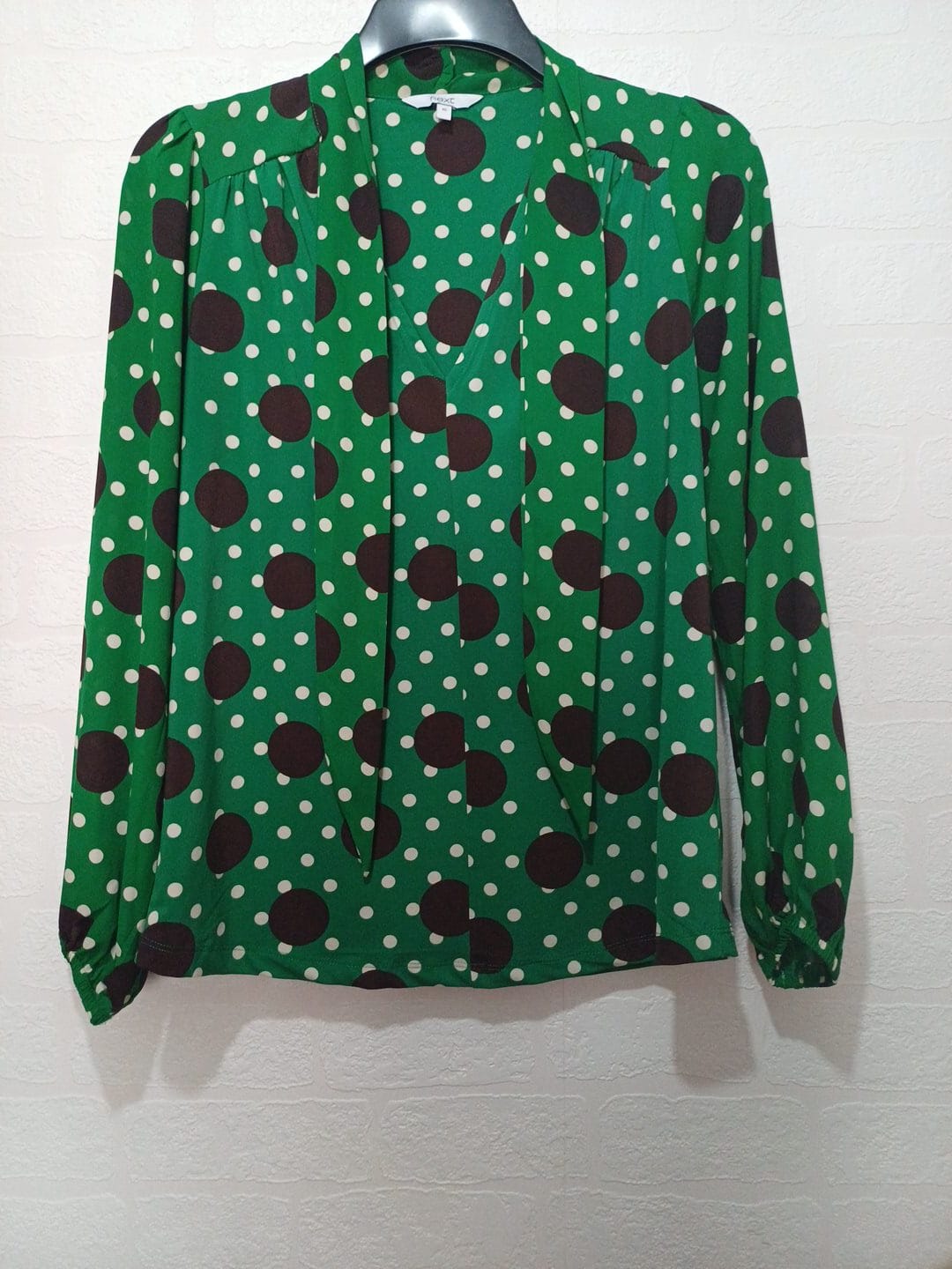 Women's Blouse Next Green Brown Cream Polka Dot Bow Long Sleeve Size 10 - Very Good Condition