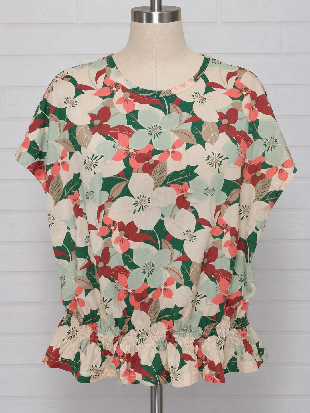 Women's Top JD Williams Green Cream Coral Red Floral Print Peplum Short Sleeve Size 20 - Very Good Condition