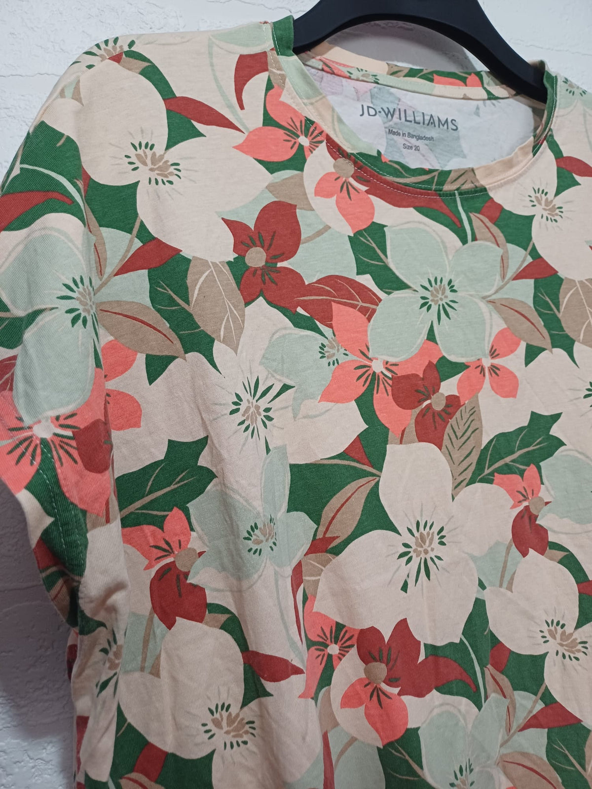 Women's Top JD Williams Green Cream Coral Red Floral Print Peplum Short Sleeve Size 20 - Very Good Condition