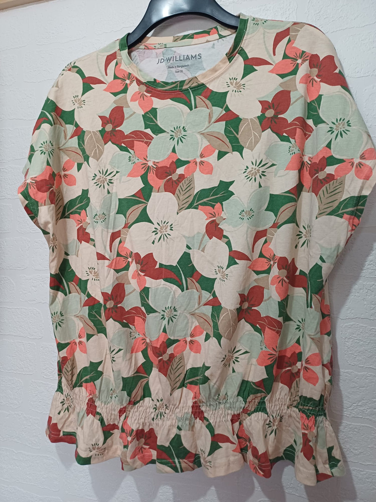 Women's Top JD Williams Green Cream Coral Red Floral Print Peplum Short Sleeve Size 20 - Very Good Condition
