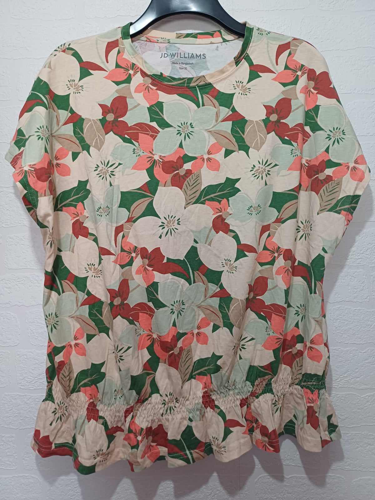 Women's Top JD Williams Green Cream Coral Red Floral Print Peplum Short Sleeve Size 20 - Very Good Condition