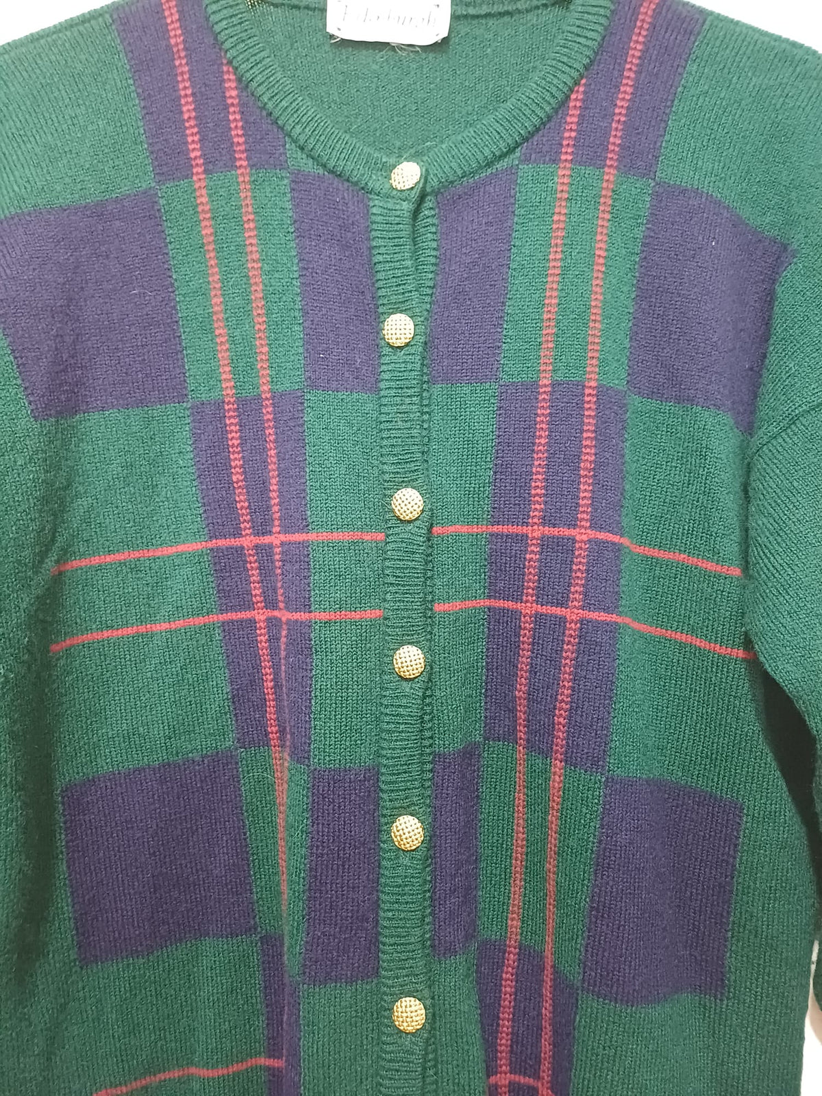 Women's Cardigan Edinburgh Green Tartan Vintage Lambswool Size M Good Pre-Owned Condition