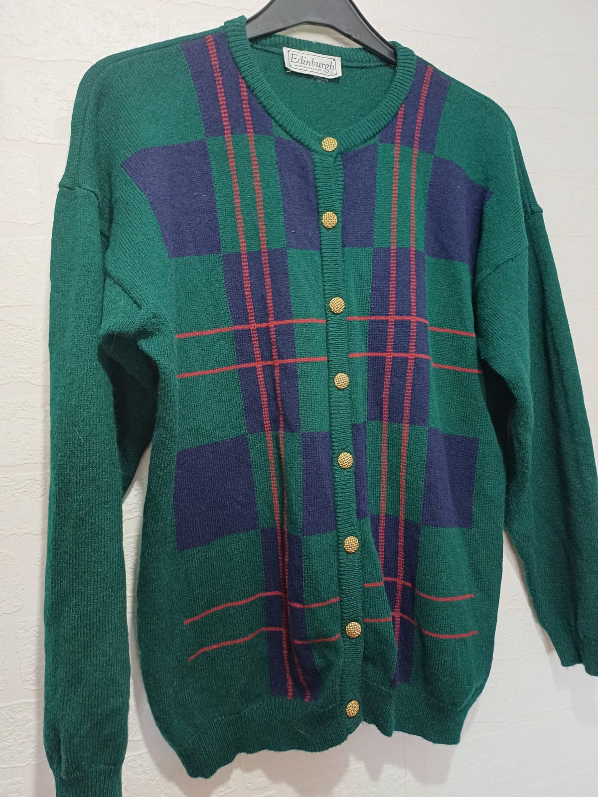 Women's Cardigan Edinburgh Green Tartan Vintage Lambswool Size M Good Pre-Owned Condition