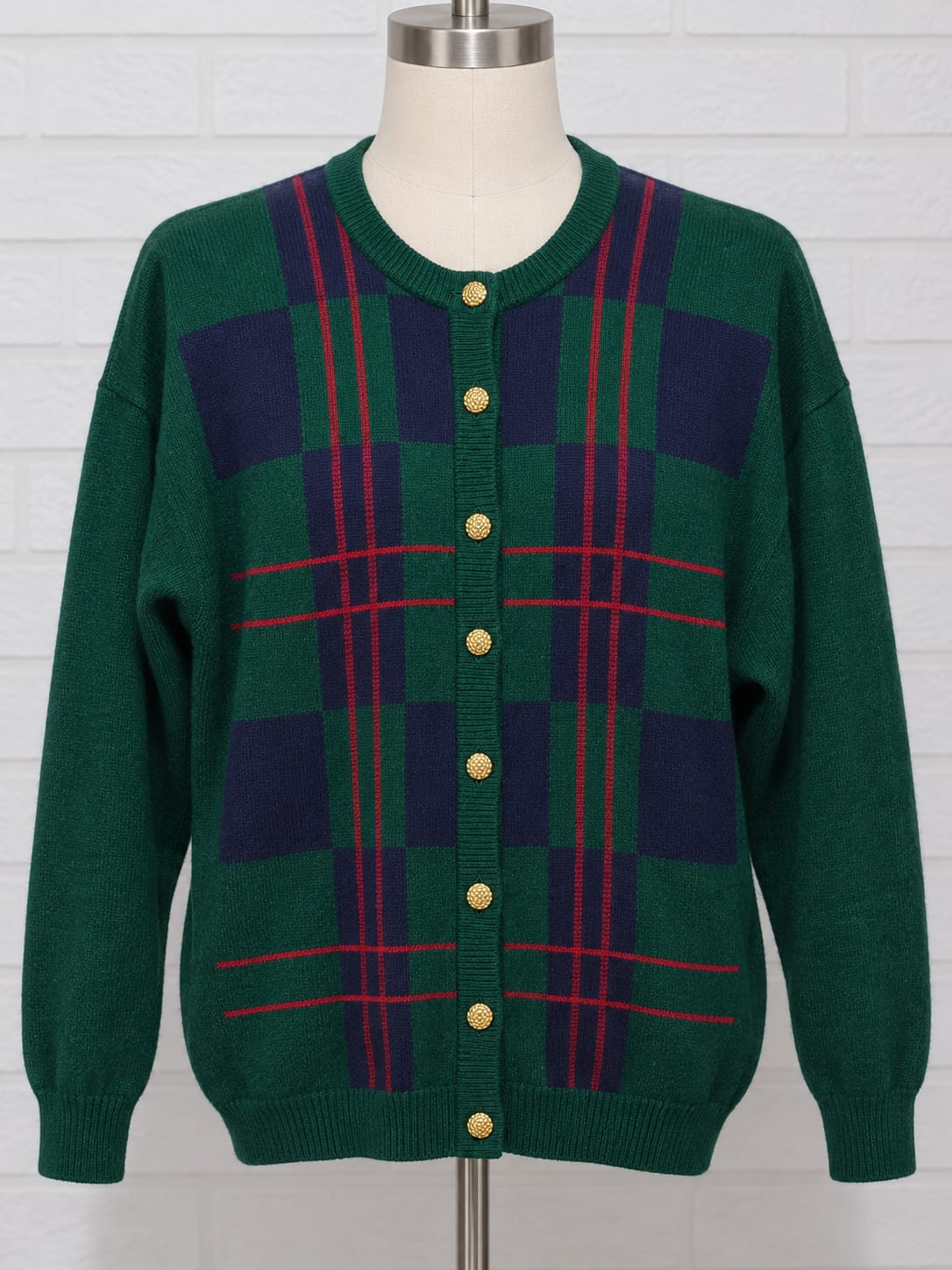 Women's Cardigan Edinburgh Green Tartan Vintage Lambswool Size M Good Pre-Owned Condition