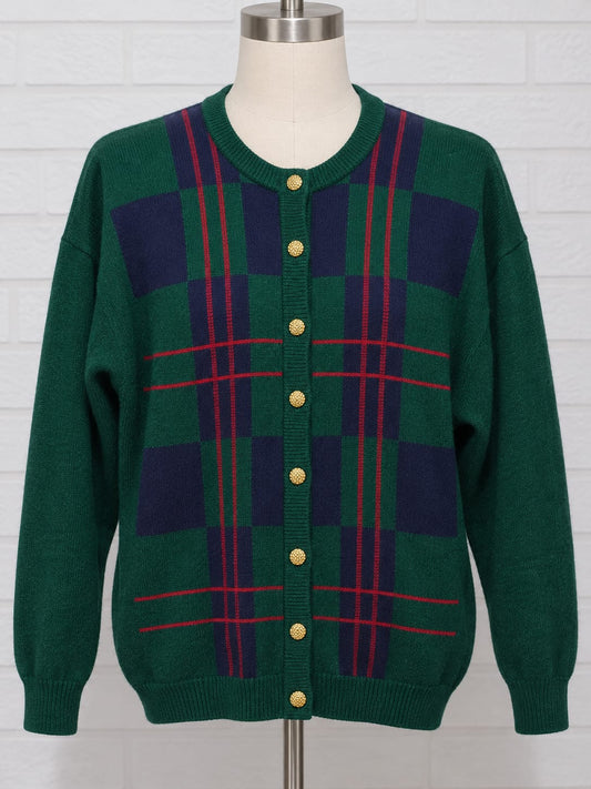 Women's Cardigan Edinburgh Green Tartan Vintage Lambswool Size M Good Pre-Owned Condition
