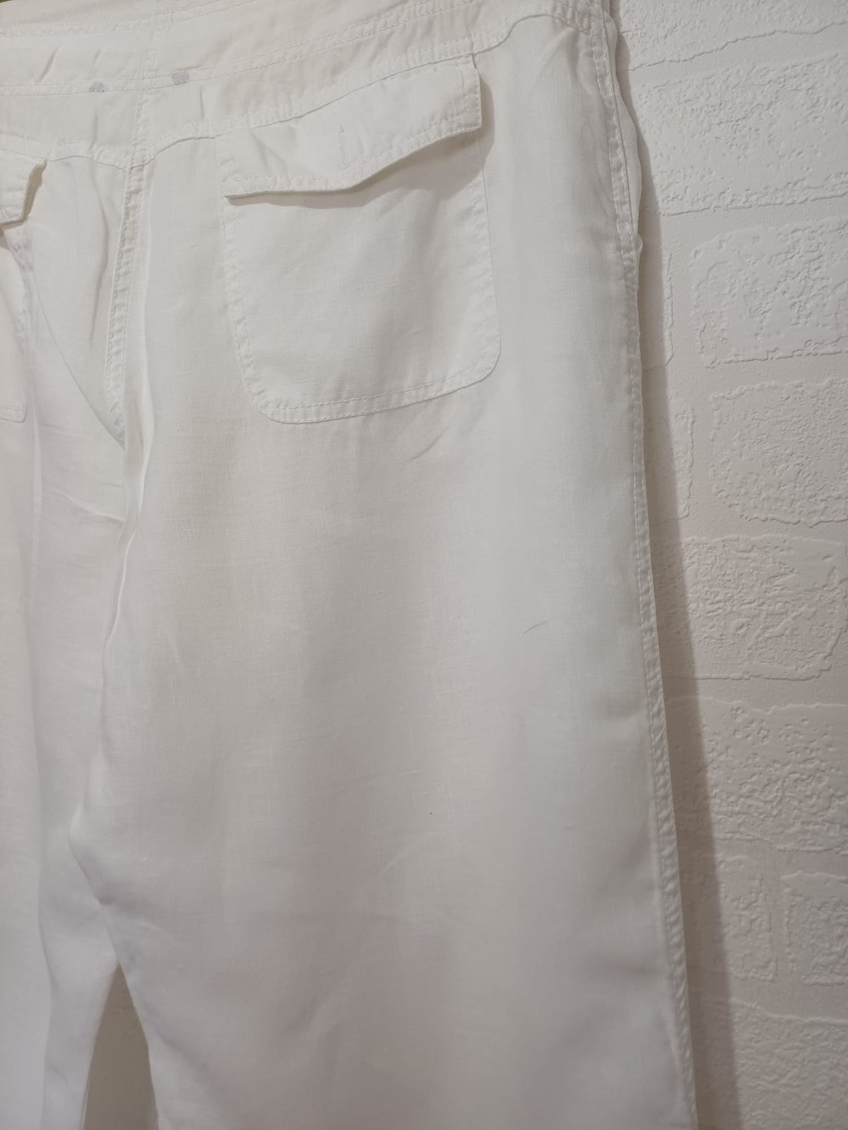 Women's Plus Size Trousers Unbranded White Wide Leg Linen Drawstring Waist UK 20 Very Good Pre-Owned Condition