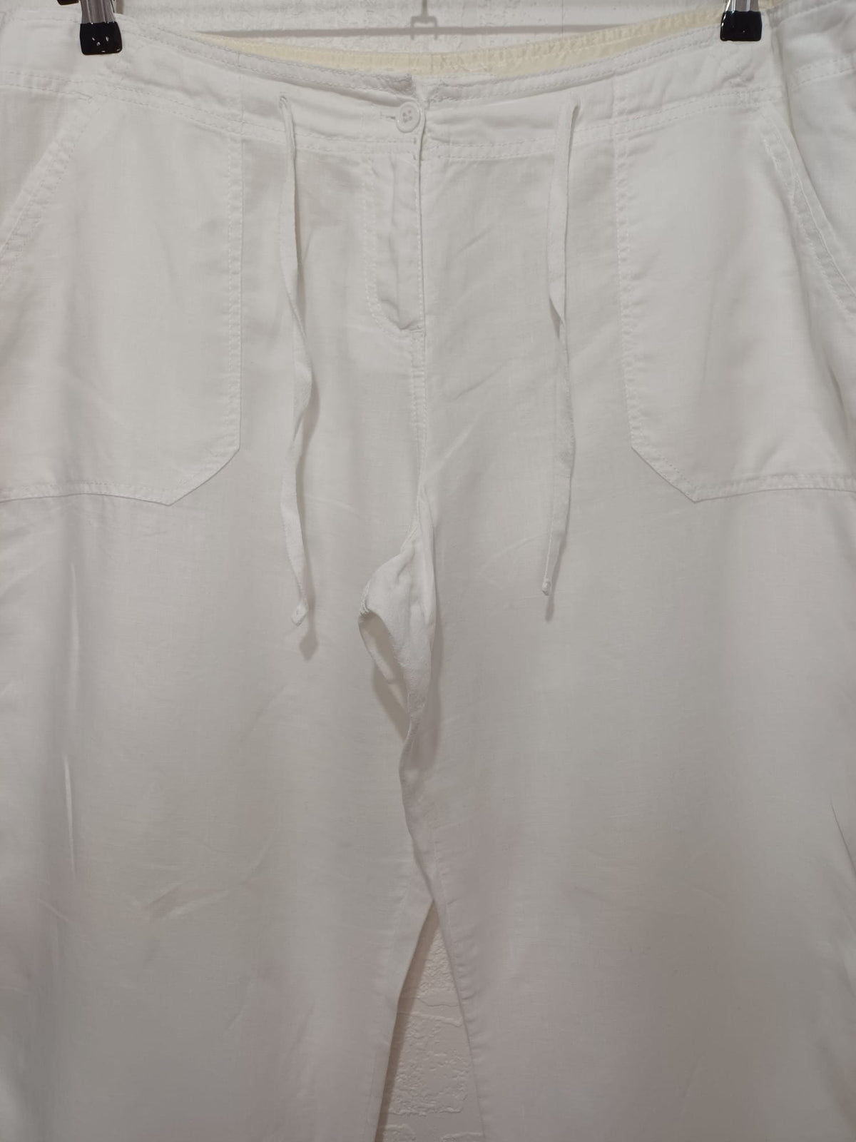 Women's Plus Size Trousers Unbranded White Wide Leg Linen Drawstring Waist UK 20 Very Good Pre-Owned Condition