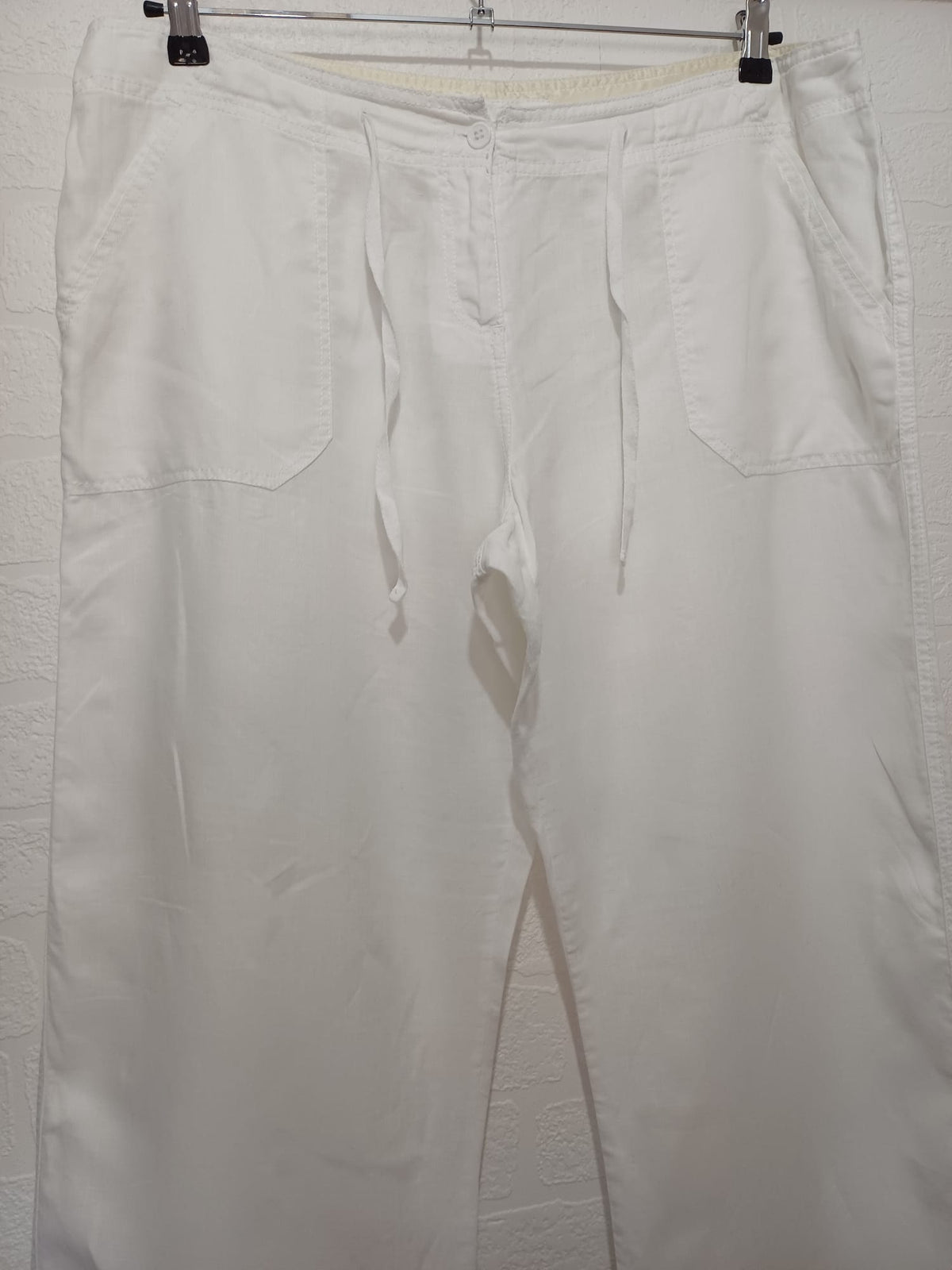 Women's Plus Size Trousers Unbranded White Wide Leg Linen Drawstring Waist UK 20 Very Good Pre-Owned Condition