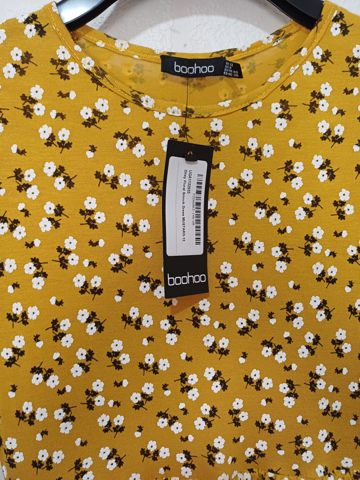 Women's Smock Dress Boohoo Mustard Ditsy Floral Short Sleeve Frill Waist Size 12 BNWT