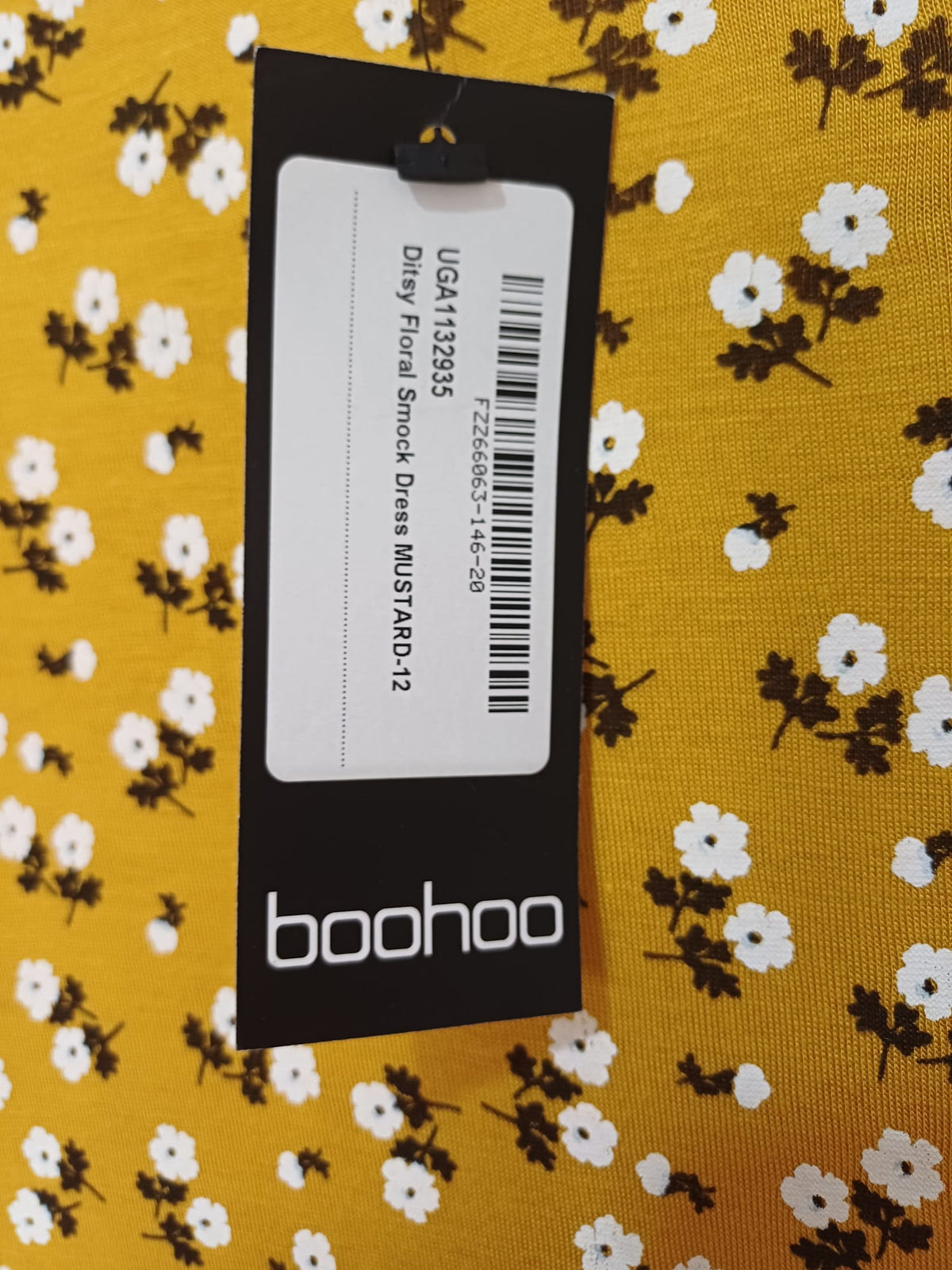 Women's Smock Dress Boohoo Mustard Ditsy Floral Short Sleeve Frill Waist Size 12 BNWT