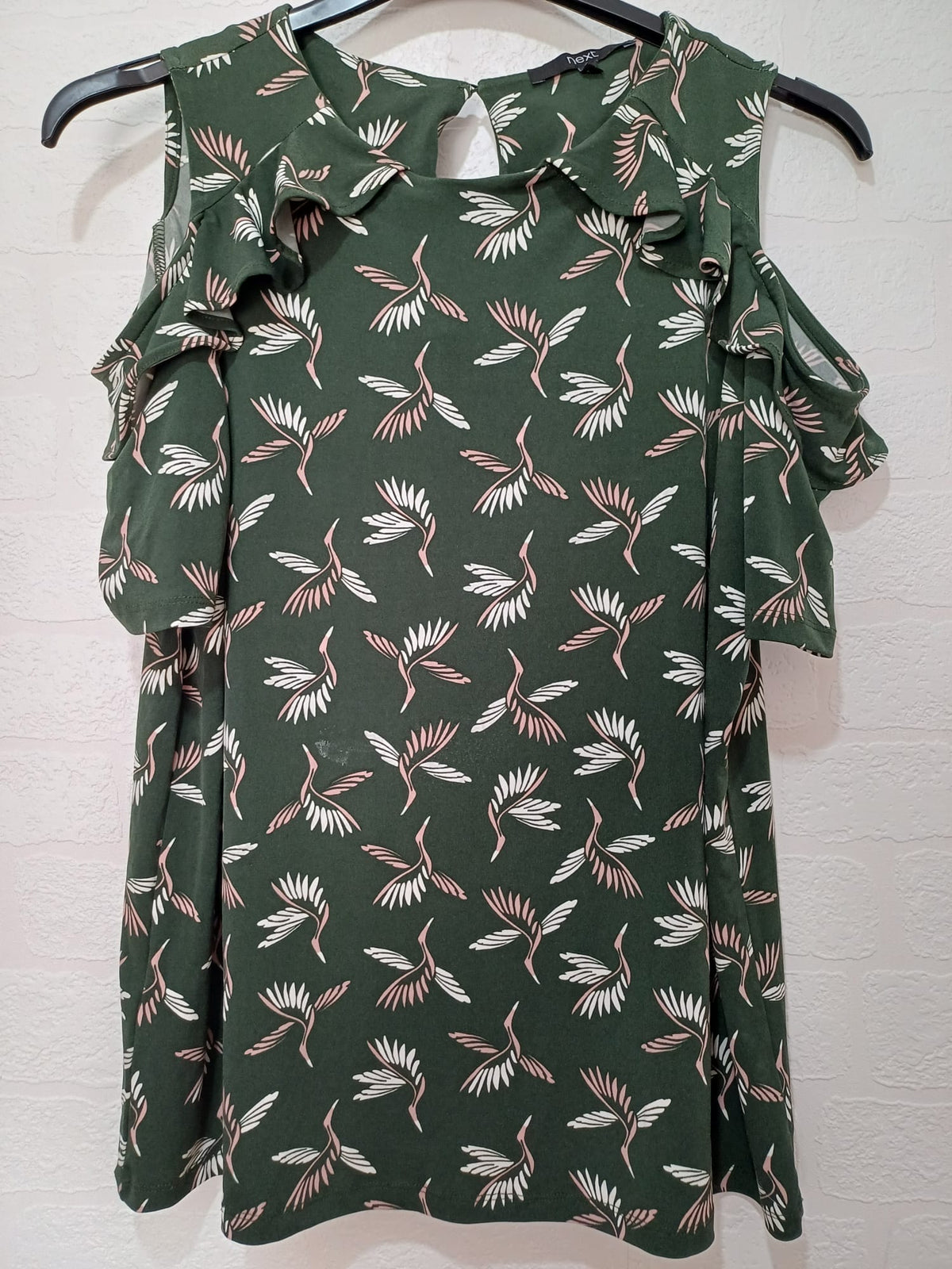 Women's Top Next Dark Green Pink White Bird Print Cold Shoulder Ruffle Size 16 Very Good
