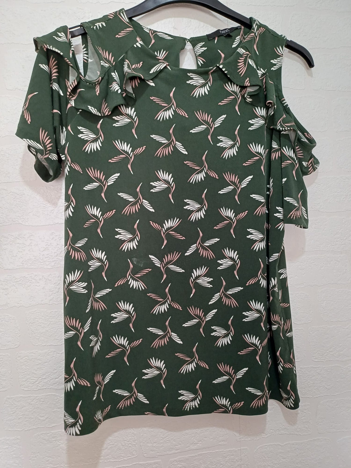 Women's Top Next Dark Green Pink White Bird Print Cold Shoulder Ruffle Size 16 Very Good
