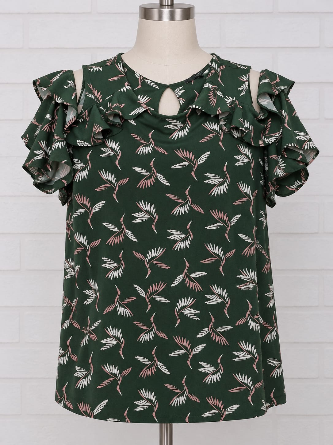 Women's Top Next Dark Green Pink White Bird Print Cold Shoulder Ruffle Size 16 Very Good