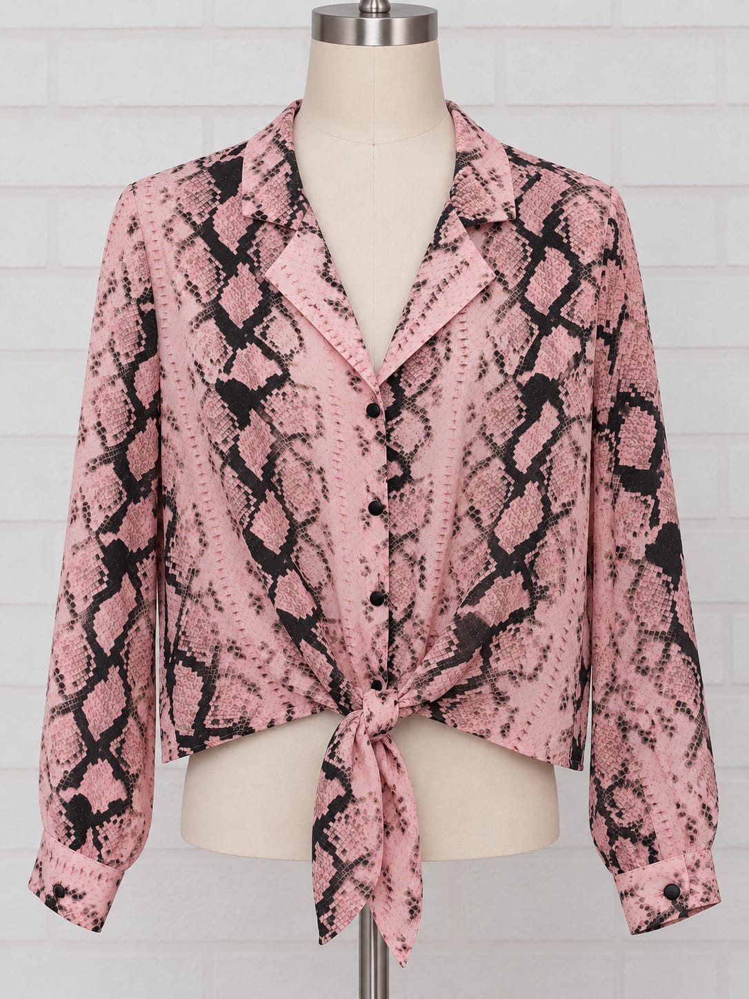 Women's Blouse F&F Pink Black Snake Print Long Sleeve Tie Front Size 12 Good