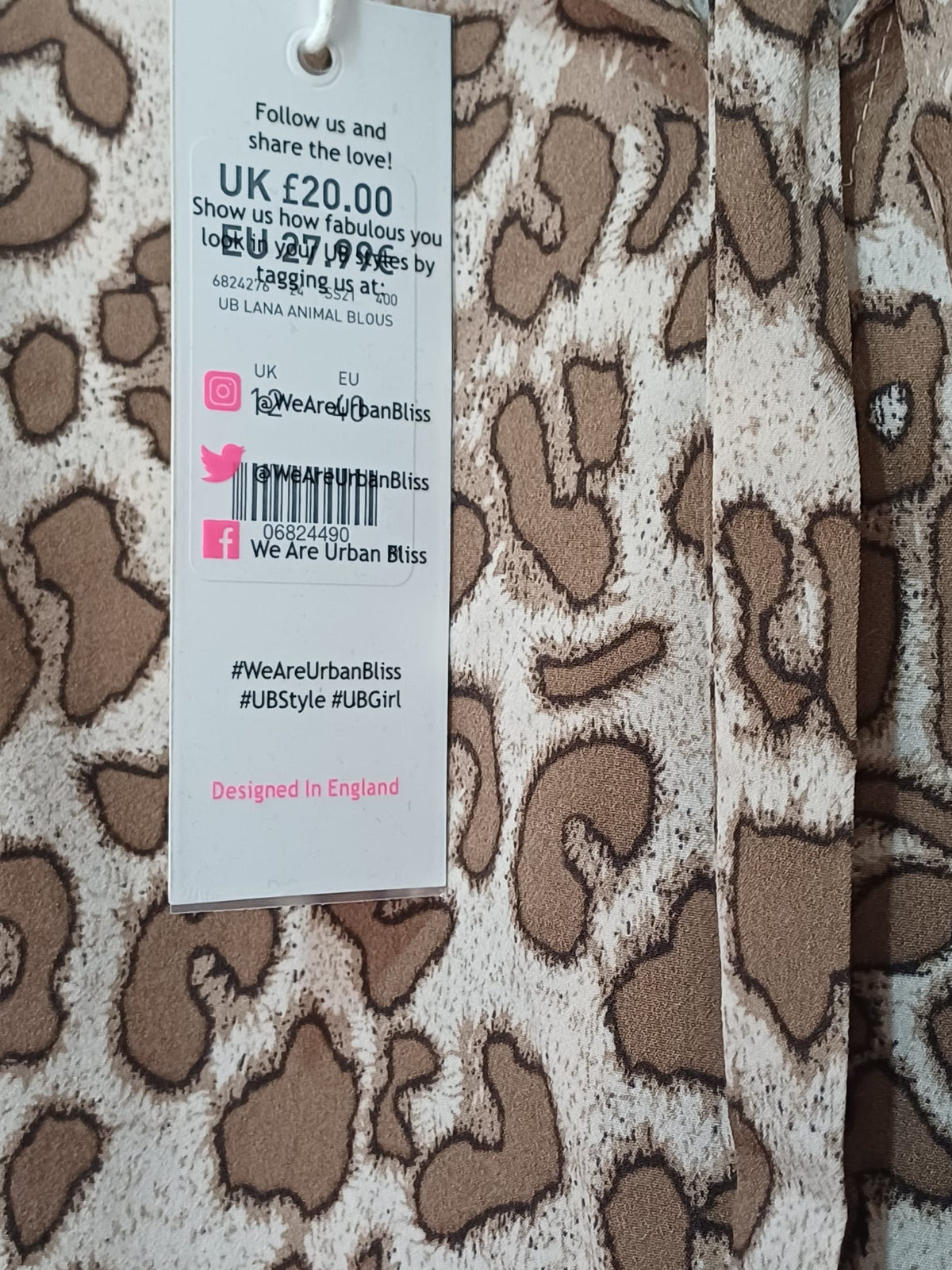 Women's Blouse Urban Bliss Cream Brown Leopard Print Tie Neck Puff Sleeve Size 12 BNWT