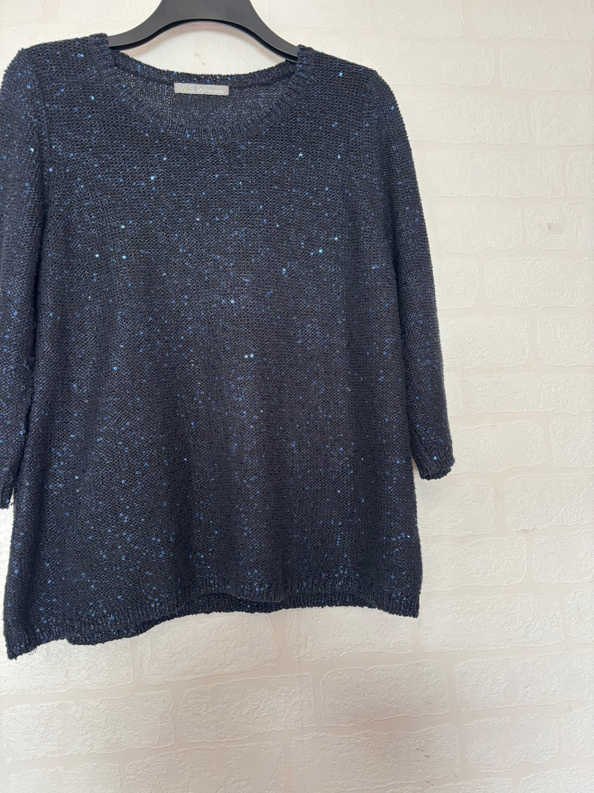 Women's Jumper M&S Navy Blue Sequin Knit Round Neck 3/4 Sleeve Plus Size 18