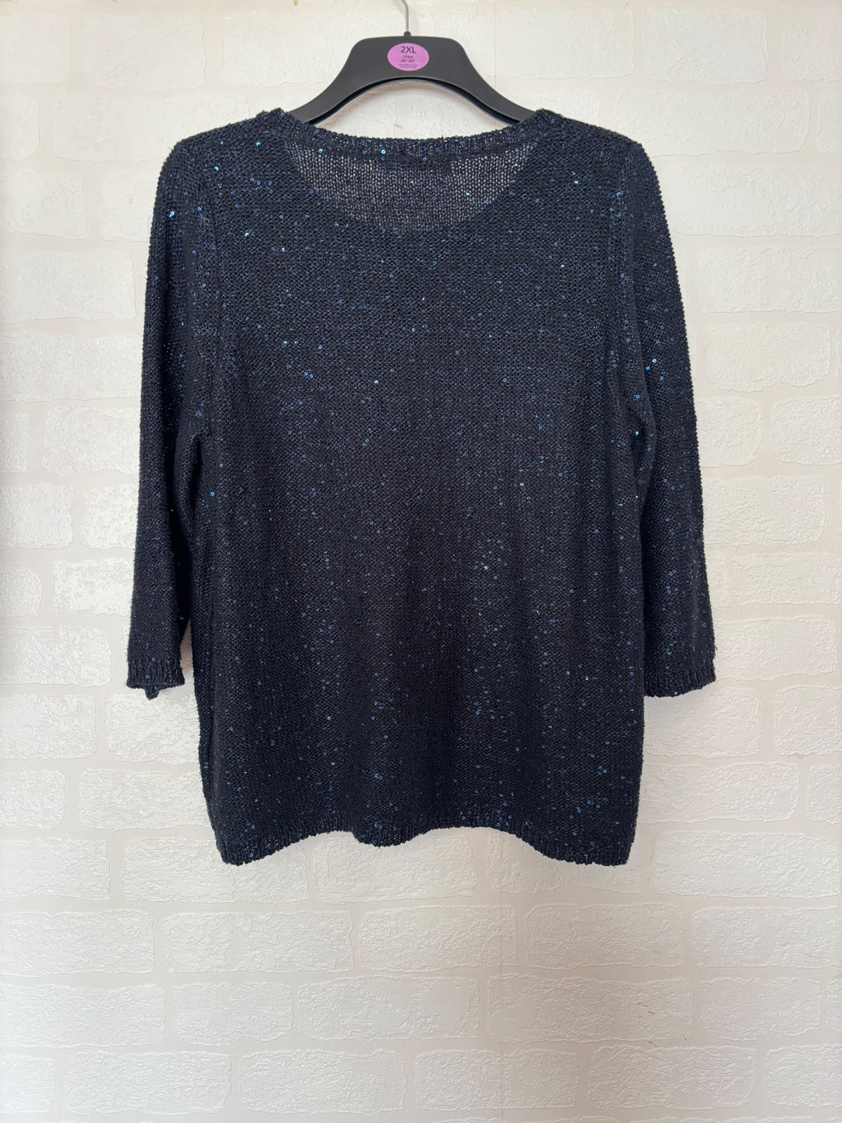 Women's Jumper M&S Navy Blue Sequin Knit Round Neck 3/4 Sleeve Plus Size 18